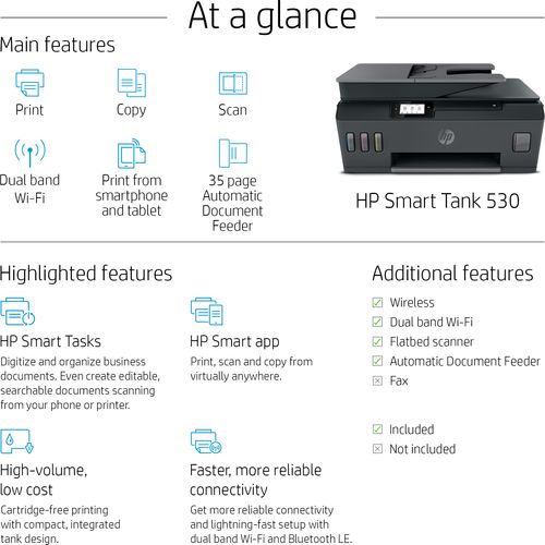HP Smart Tank 530 Multifunction Printer with Refillable Tanks - 9
