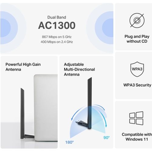 Adaptateur USB WiFi AC1300 bi-bande à gain élevé - 2