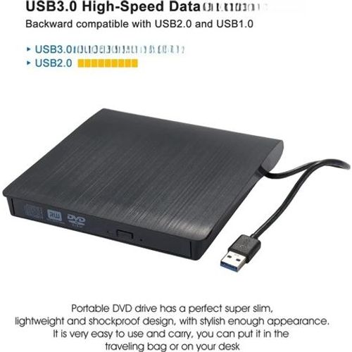 Lecteur et Graveur DVD - CD externe Dvd CD Usb 3.0 Ultra Slim Portable *8 -Noir