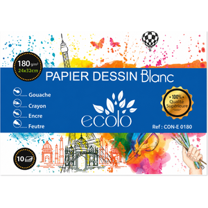 أوراق رسم Ecolo أبيض 180 غ/م² مقاس 24×32 سم – حافظة 10 أوراق