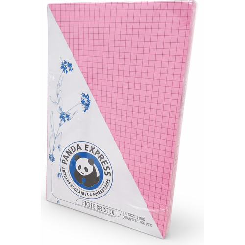 Fiches Bristol Quadrillées Panda Express 13,5x21 cm 180g – Rose– Bloc 100 Feuilles