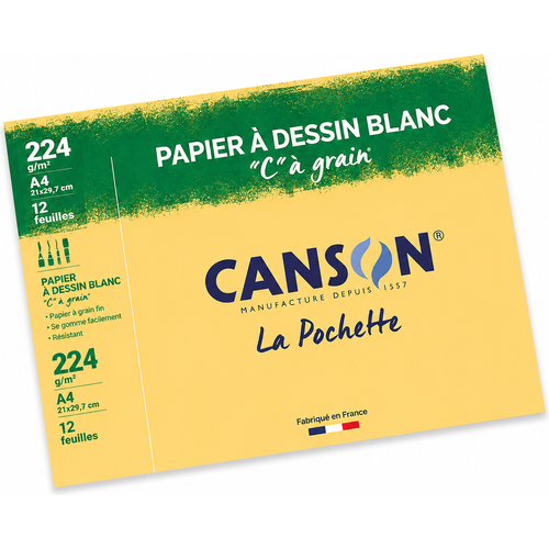 Papier a dessin Blanc "C" a grain Canson 12 feuilles La pochette  224g/m²