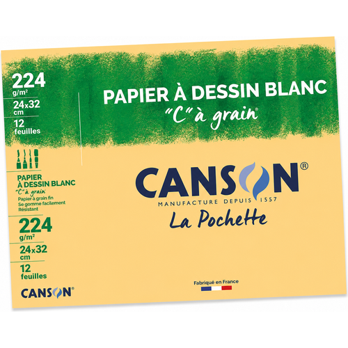 Papier à dessin Blanc « C » à grain Canson 224g/m² 24x32cm – Pochette 12 feuilles