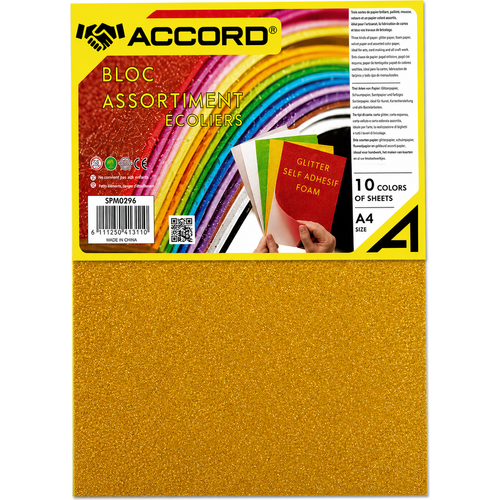 Papier Mousse Brillants Adhésif ACCORD Format A4 Couleurs Assorties – Pochette 10 Feuilles              