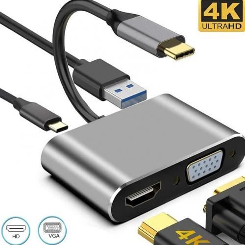 Adaptateur Type C vers HDMI et VGA, USB C Hub 3.0 4 en 1 4K chargement rapide pour ordinateur PC portable et MacBook