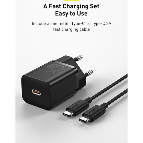 مجموعة شحن Baseus AC 1C / كابل Type-C إلى Type-C 3A 1m ، 25W ، أسود - 2