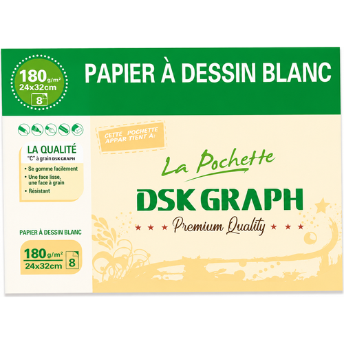 ظرف ورق رسم أبيض DSK GRAPH 180غ/م² مقاس 24×32 سم – 8 أوراق بجودة عالية