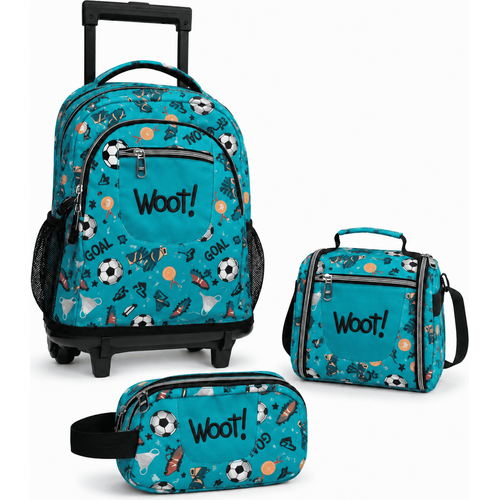 Cartable scolaire à roulette WOOT! 3 Pièces - Football Bleu Turquoise
