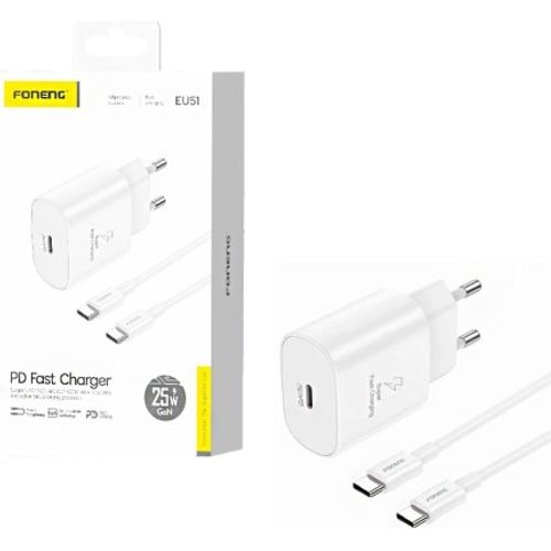 Foneng EU51 – Chargeur GaN PD 25 W avec câble USB-C vers USB-C, Blanc