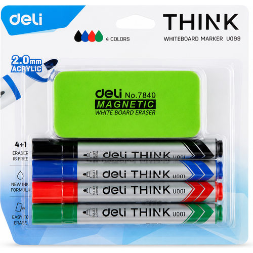 Pack Deli THINK U099 de 4 Marqueurs Tableau Blanc Deli THINK U001 + Brosse Magnétique 7840