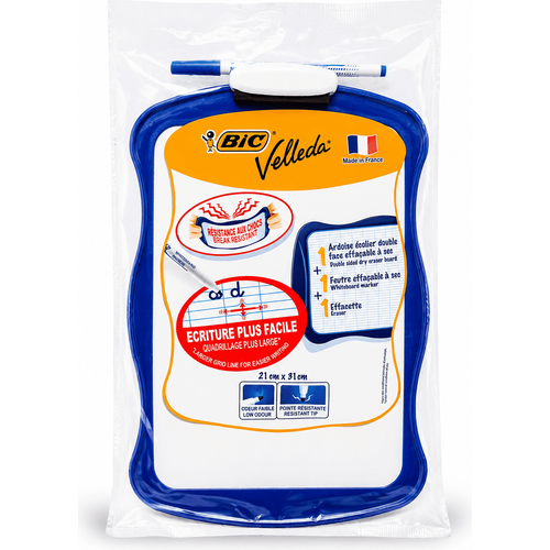 سبورة BIC Velleda مدرسية مزدوجة الوجه 21 × 31 سم مع قلم سبورة وممسحة – زرقاء