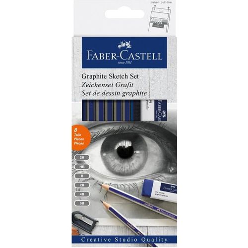 Set de Dessin Graphite Faber-Castell Goldfaber 8 Pièces – 6 Crayons 2H à 6B, Gomme et Taille-Crayon