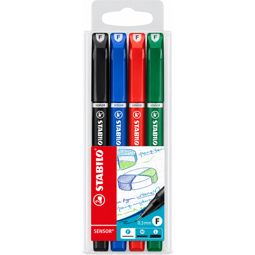Stylo Fineliner STABILO SENSOR Bleu F – Pochette de 4 Stylos 0,3 mm – Noir, Bleu, Rouge, Vert