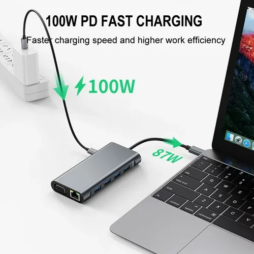Hub USB-C 11-en-1 vers HDMI 4K, VGA, RJ45 et audio - 2