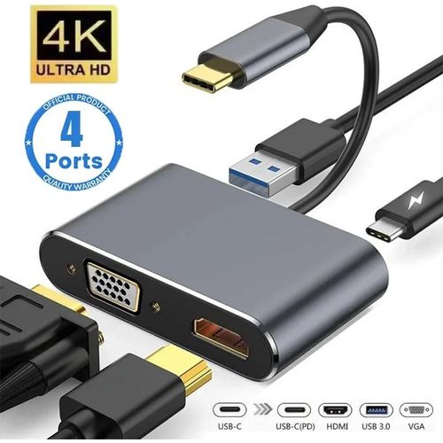 Adaptateur USB-C 4-en-1 vers HDMI 4K, VGA, USB 3.0 et charge USB-C - 3
