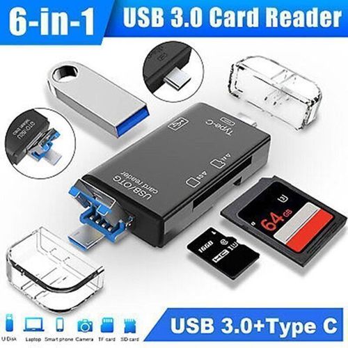 Lecteur de cartes 6-en-1 USB 3.0 et OTG noir - SD, microSD