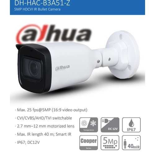 كاميرا داهوا HDCVI بدقة 5MP نوع Bullet بعدسة متغيرة آلية 2.7-12 مم وأشعة 40 م (HAC-B3A51-Z) - 2