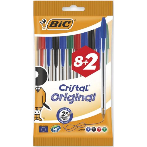 Stylo BIC Cristal Original - Couleurs Assorties, Pochette de 8+2