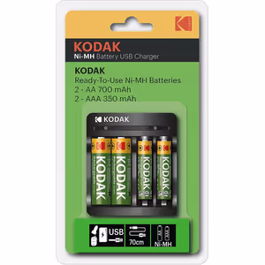 Kodak Chargeur Usb + 4 Batteries AA 2100 mAh pour Pile Ni-mh Rechargeable AAA ou AA