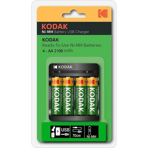 Kodak Chargeur Usb + 4 Batteries AA 2100 mAh pour Pile Ni-mh Rechargeable AAA ou AA