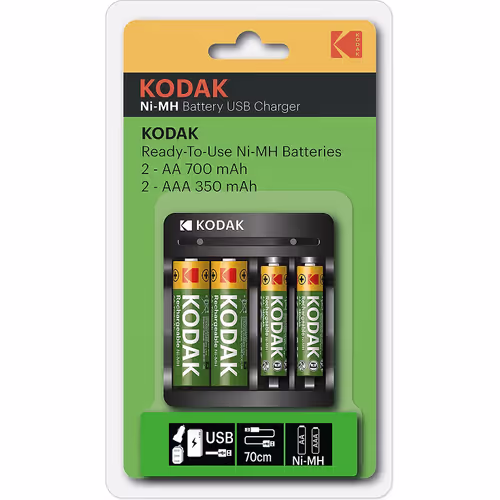 Kodak Chargeur Usb + 4 Batteries AA 2100 mAh pour Pile Ni-mh Rechargeable AAA ou AA