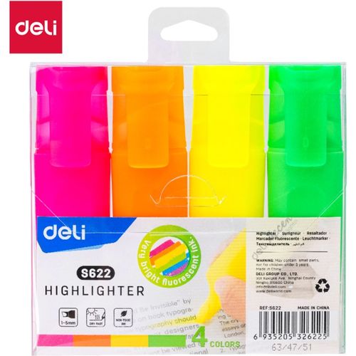 Surligneurs DELI Highlighter S622 Pochette 4 fluorescent
