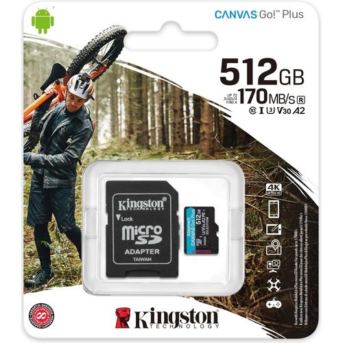 Carte mémoire microSD Plus Kingston Canvas Go! Plus 512 Go – Ultra rapide UHS-I U3 V30