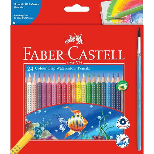 Crayons de couleur aquarellables Faber-Castell Grip – Prise en main confortable – 24 pcs